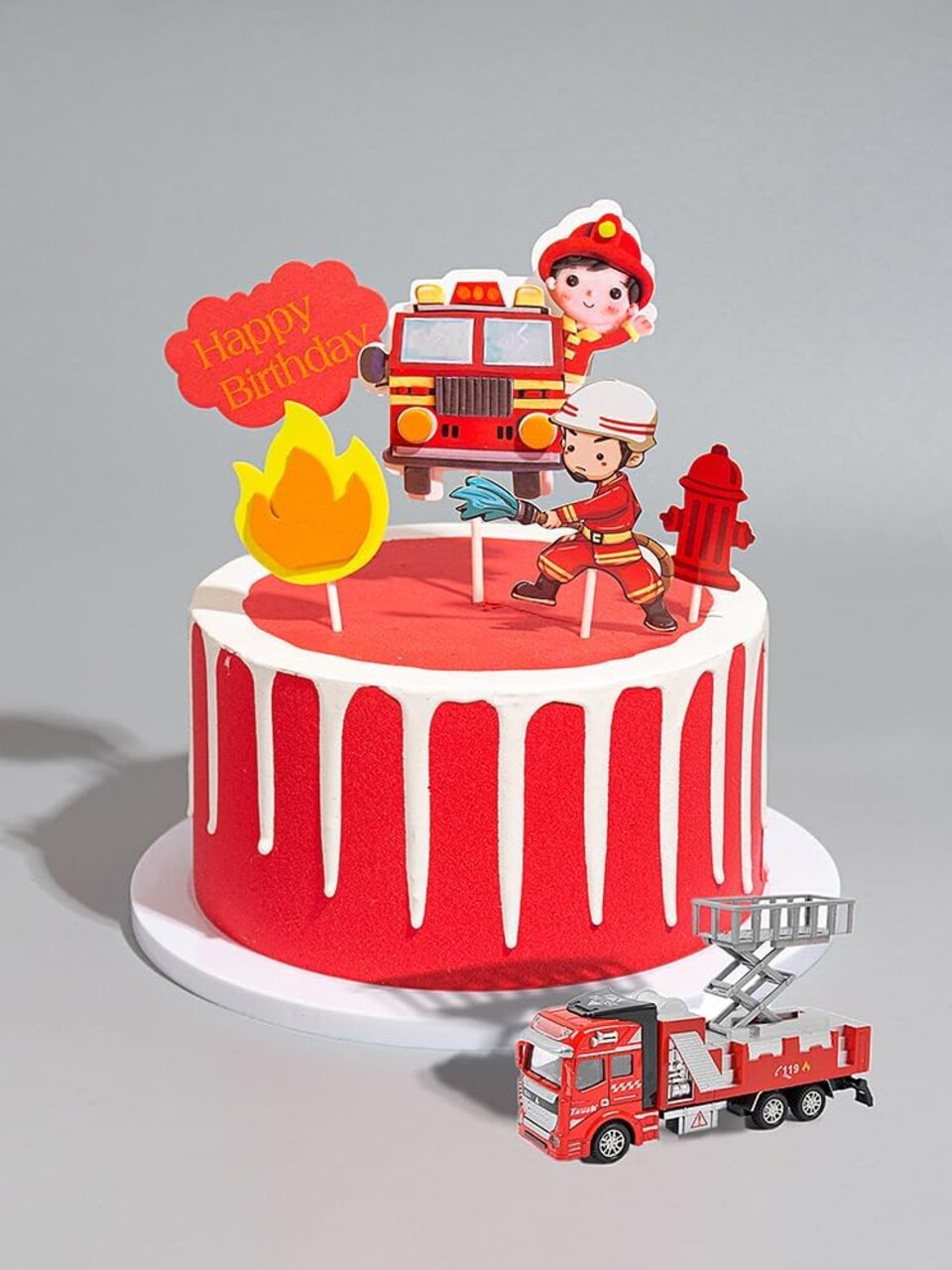 DIY fire engine cake toppers, firefighter Hero birthday cake decoration Supplies and Fire Flame Rescue Theme Cake Decorations for Firefighter Graduation Birthday(5pcs-pack)